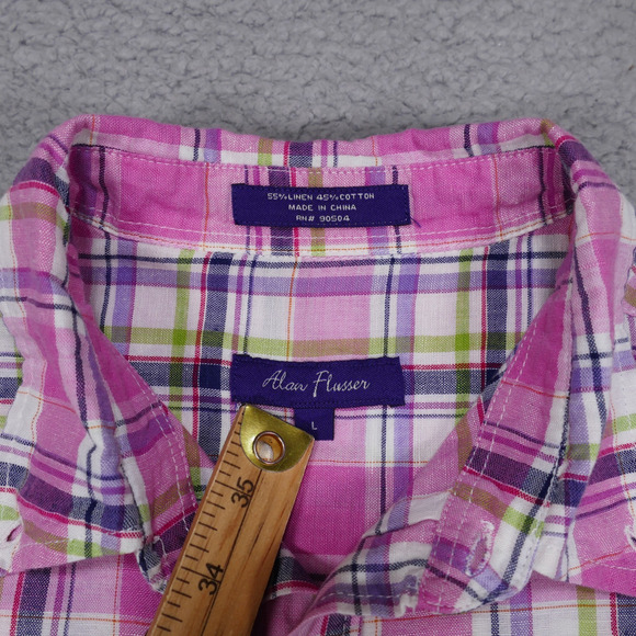 Alan Flusser Shirt Men's Large Linen Cotton Button Up Pink Pocket Long Sleeve - Picture 7 of 15